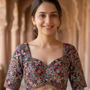 [gptPrompt]Write a catchy, SEO-friendly e-commerce title for this traditional Indian garment: Indian Embroidery Blouse | Navy Blue Saree Blouse | Colorful Embroidered Lehenga Top | Wedding Guest Choli | Custom Readymade Blouse by KanhaCouture[/gptPrompt]