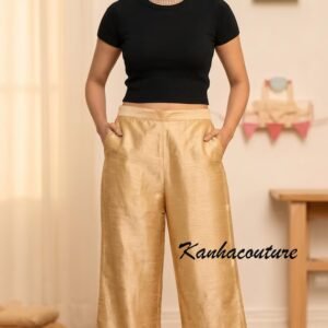 [gptPrompt]Write a catchy, SEO-friendly e-commerce title for this traditional Indian garment: Golden Silk Blend Wide Leg Trousers – High Waist Flowy Palazzo Pants, Custom Length by KanhaCouture[/gptPrompt]