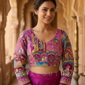 Shop Elegant Pink Velvet Embroidered Saree Blouse & Lehenga Choli with Keyhole Back - Luxury Rajasthani Wedding Wear