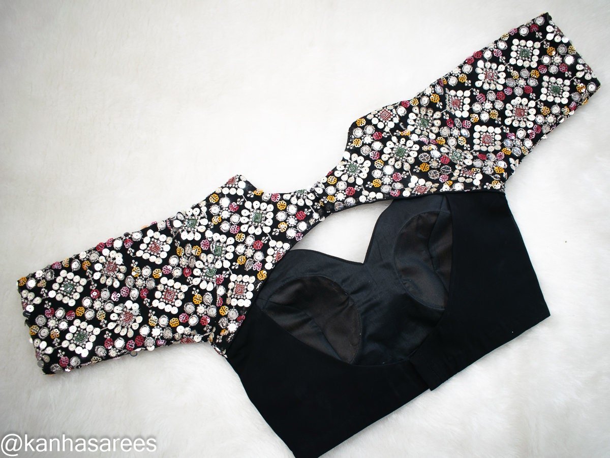 Black Georgette Mirror Work Saree Blouse – Custom Made to Measure - Image 3
