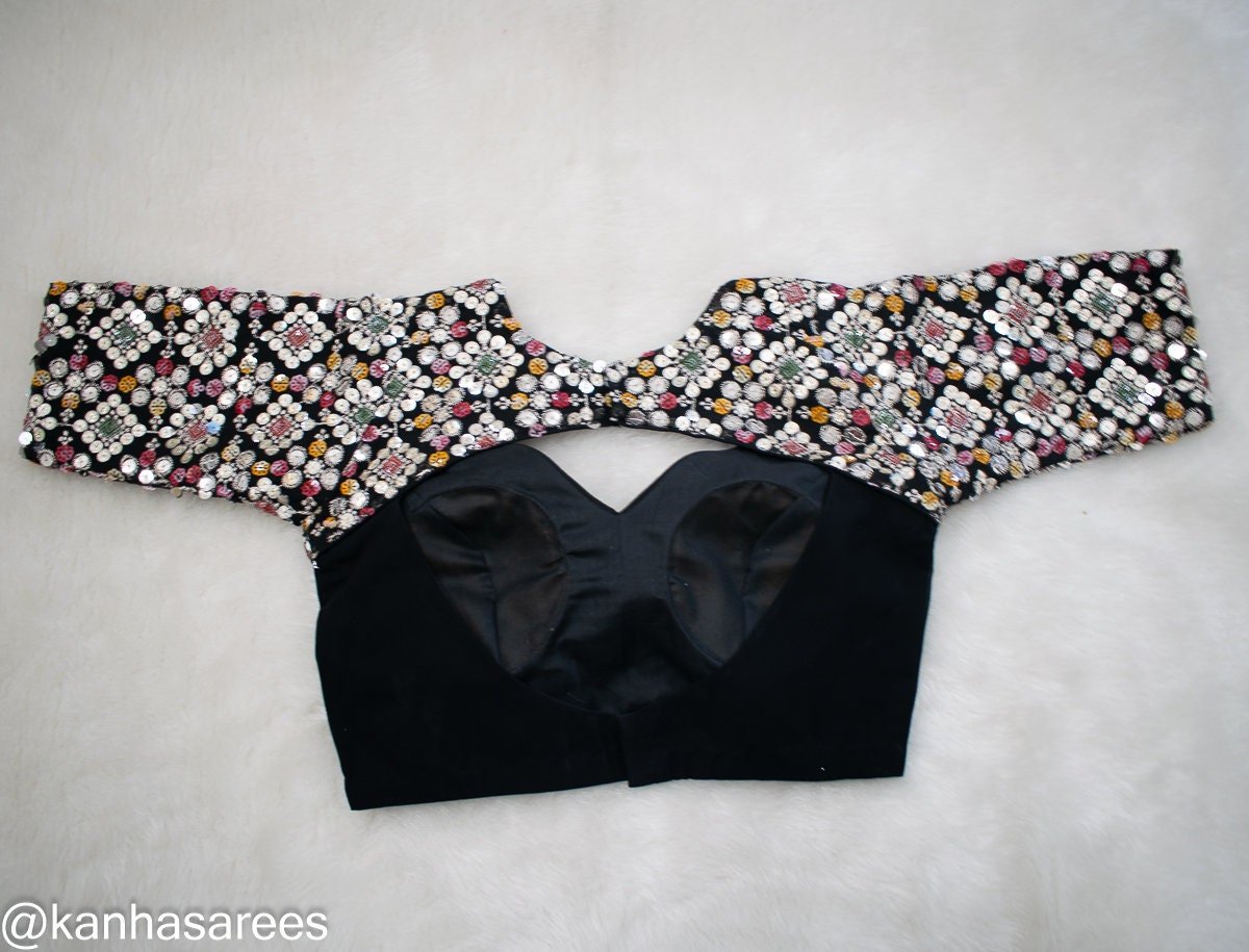 Black Georgette Mirror Work Saree Blouse – Custom Made to Measure - Image 4