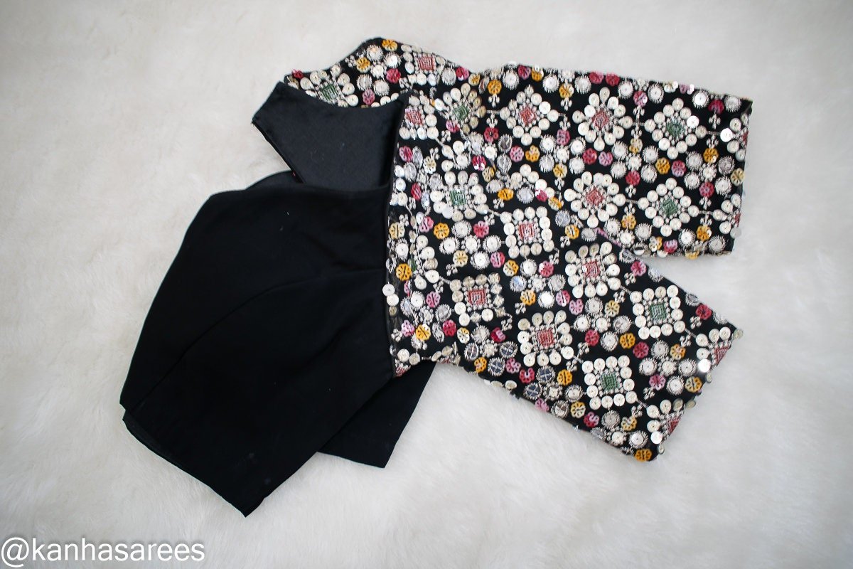 Black Georgette Mirror Work Saree Blouse – Custom Made to Measure - Image 5