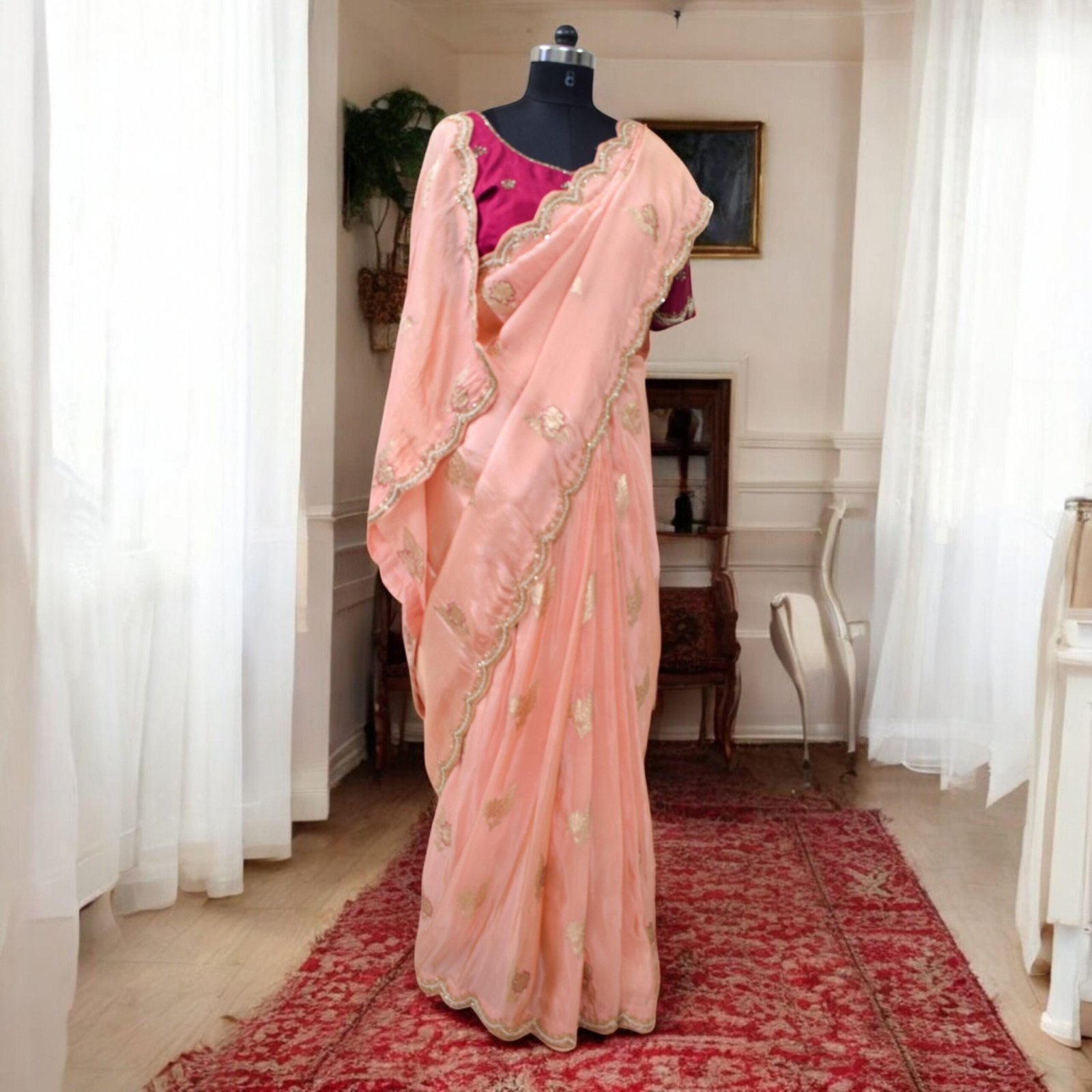 Banarasi Silk Saree with Zari & Pearl Work for Wedding Guests - Image 5