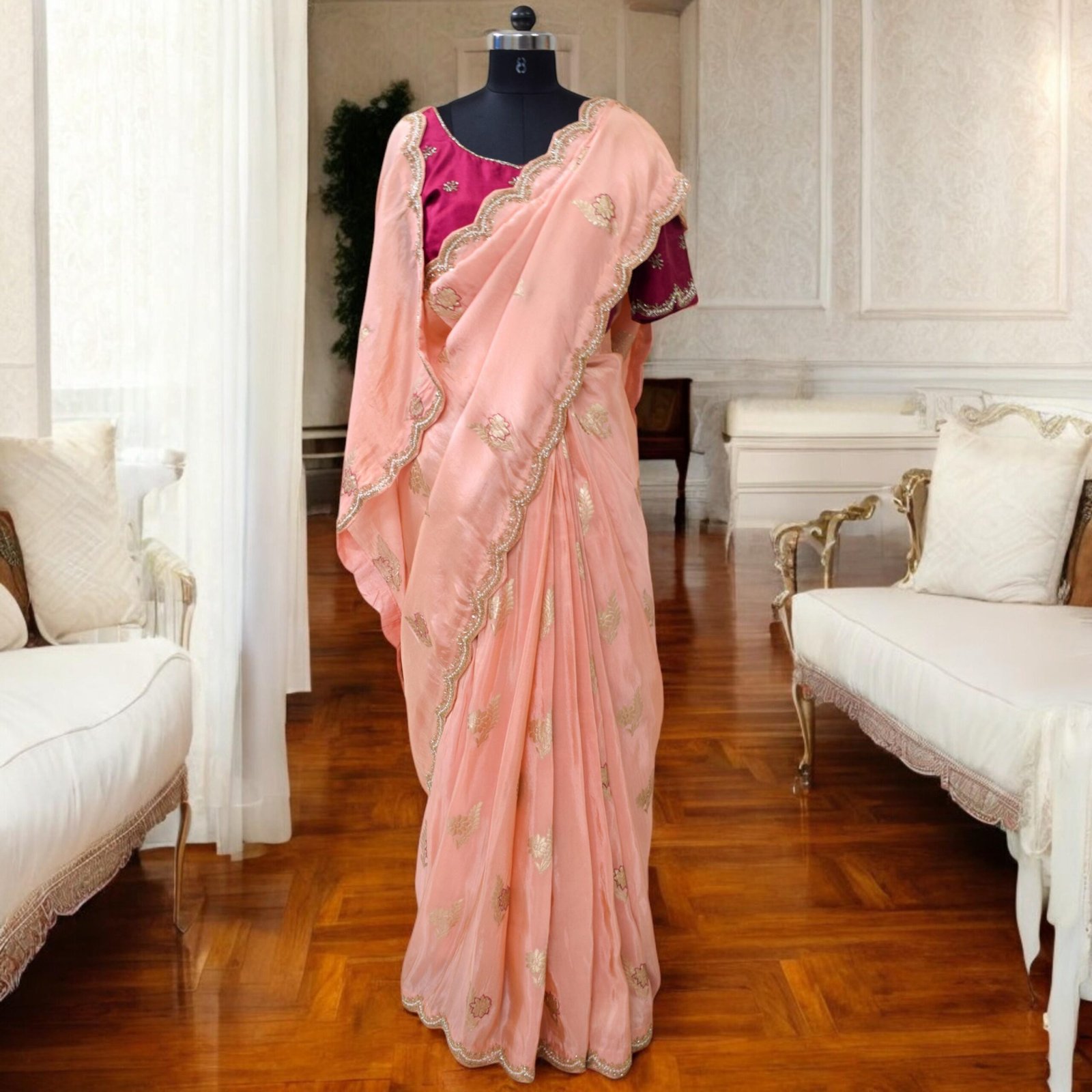 Banarasi Silk Saree with Zari & Pearl Work for Wedding Guests - Image 2