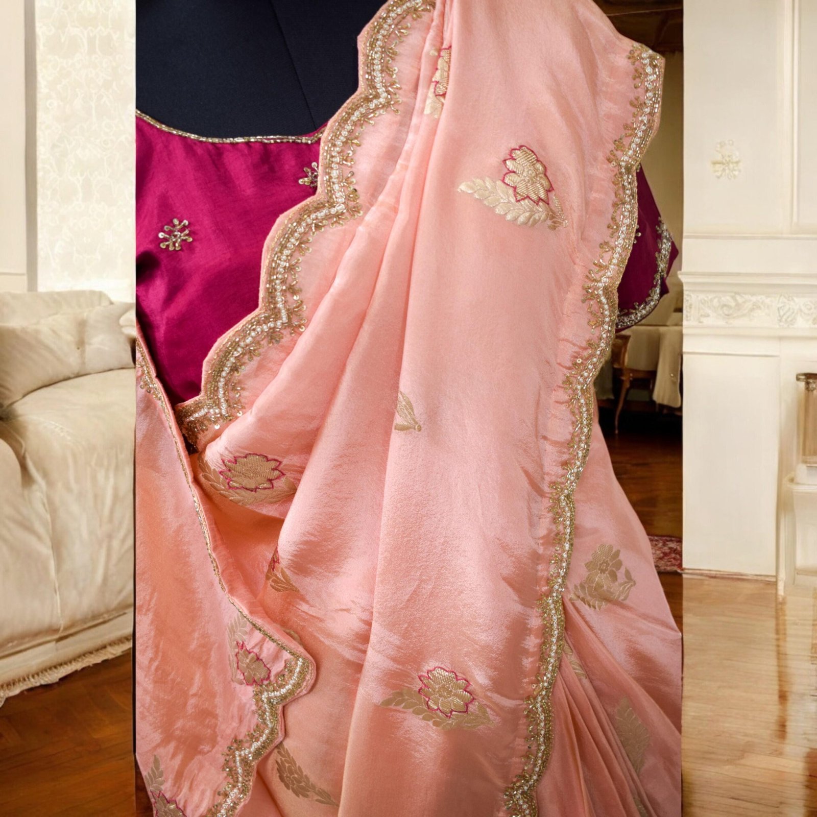 Banarasi Silk Saree with Zari & Pearl Work for Wedding Guests - Image 6