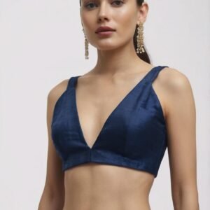 Custom Blue Raw Silk Saree Blouse - Sleeveless Designer Crop Top