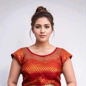 Custom Banarasi Brocade Saree Blouse with Net Sleeves - Kanha