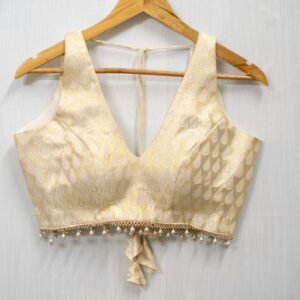 Golden White Brocade Short Sleeve Blouse - Indian Ethnic Wear