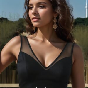 Black Designer Blouse with Sheer Mesh - Modern V Neck Crop Top