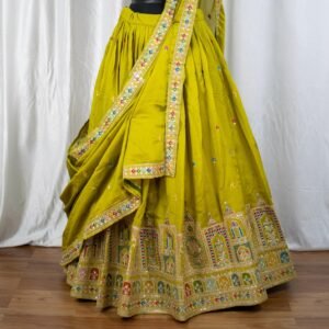 “Green Lehenga Choli Set with Multicolor Embroidery & Dupatta”