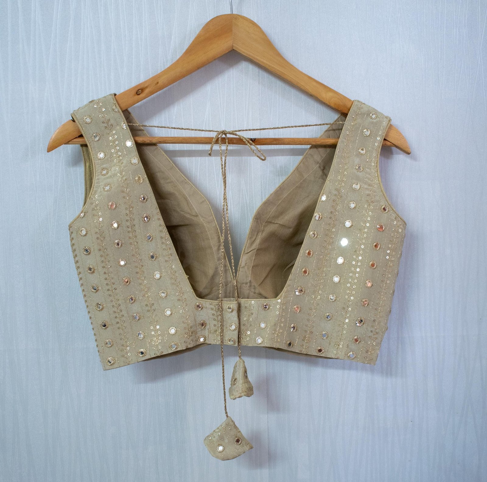Gold Mirror Work Sleeveless Blouse - Handcrafted Tissue Choli - Image 6