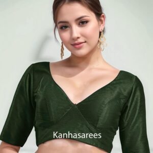 Green Raw Silk Plunge Neck Blouse for Lehenga Saree - Luxury Ethnic Top