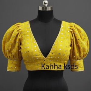 Plus Size Yellow Mirror Work Puff Sleeve Blouse for Sarees