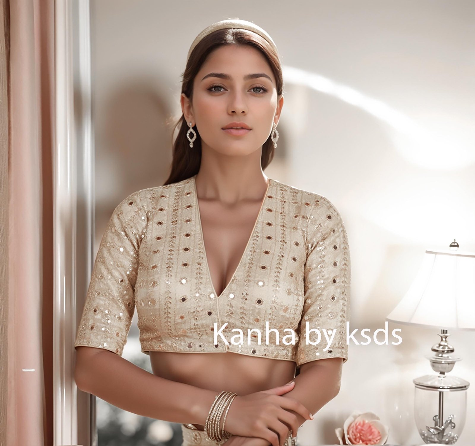 Golden Mirror Work Blouse with Deep V Neck & Half Sleeves