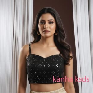 Elegant Black Mirror Work Blouse with Spaghetti Straps - Partywear Crop Top