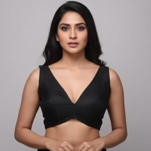 Plus Size Black Raw Silk V-Neck Sleeveless Blouse for Sarees
