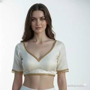 Ivory Raw Silk Blouse with Gold Trim & Half Sleeves Tie Back