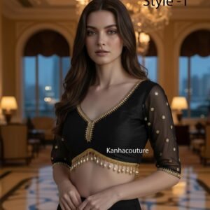 Black Sleeveless Embellished Blouse with Gold Trim & Tie Back
