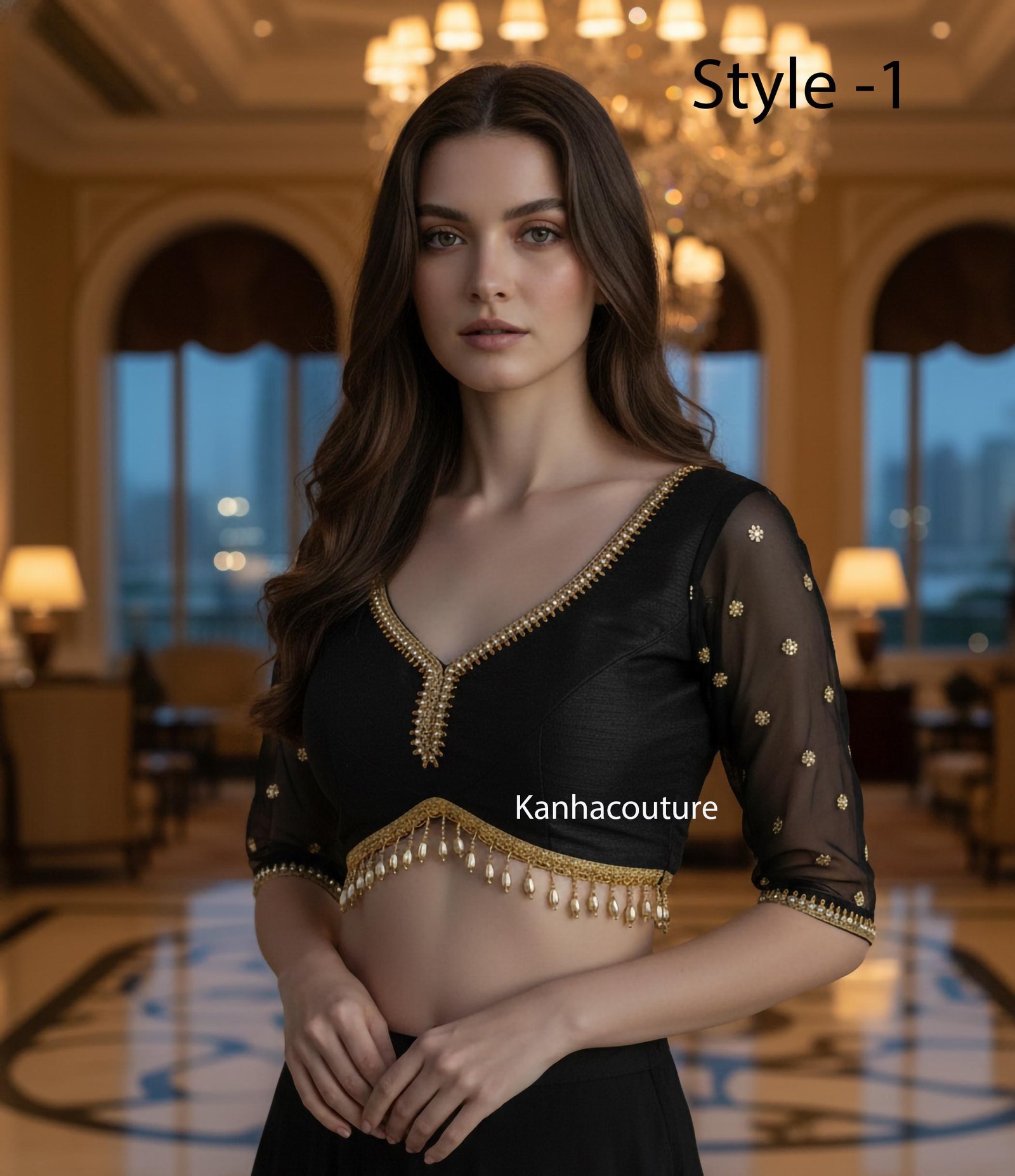 Black Sleeveless Embellished Blouse with Gold Trim & Tie Back