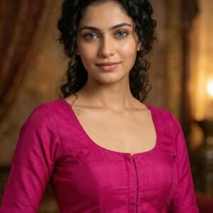 Pink Raw Silk Round Neck Blouse: Elegant Short Sleeve Choli
