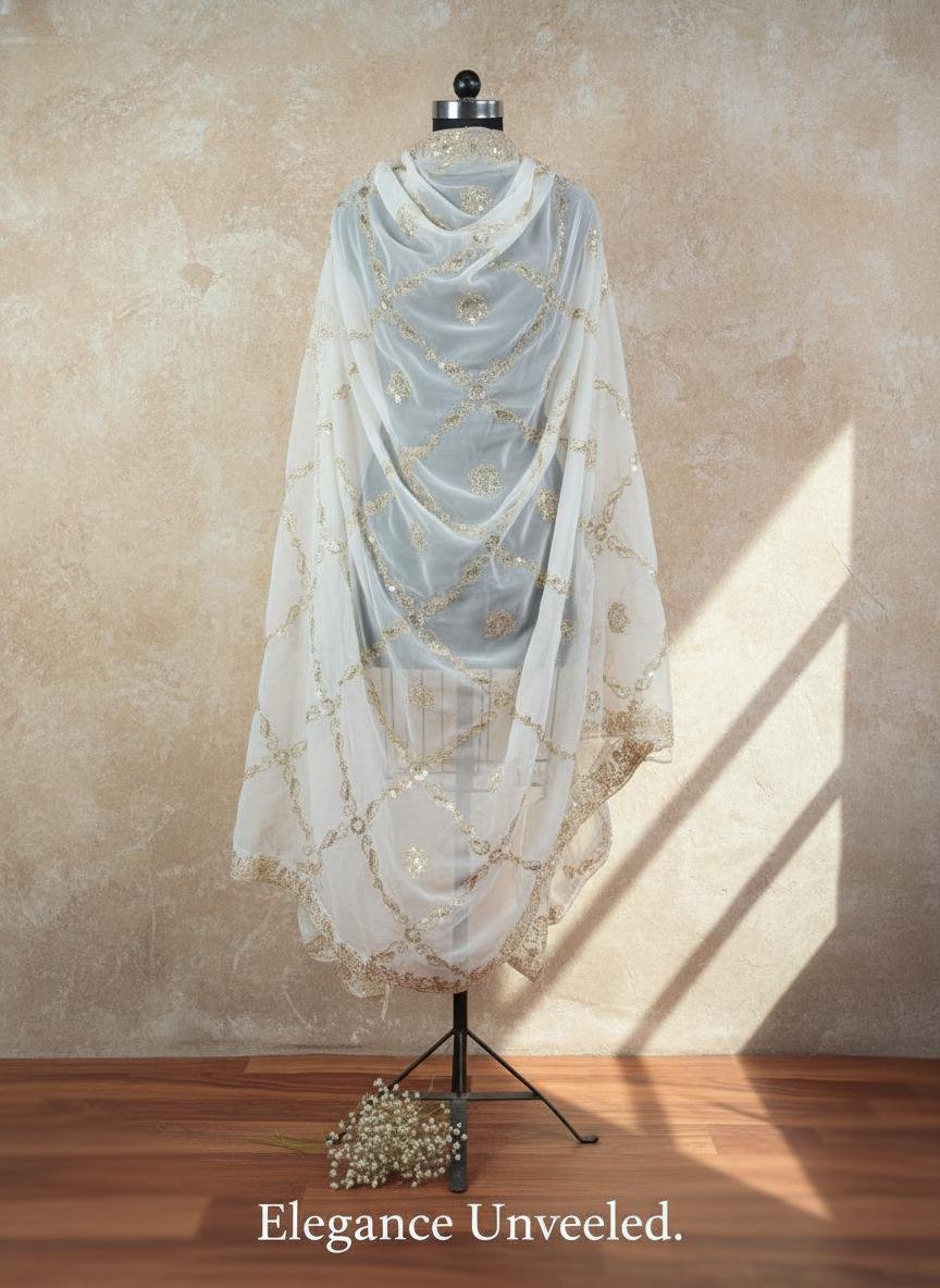 White Organza Embroidery Dupatta – Custom Made to Measure - Image 6