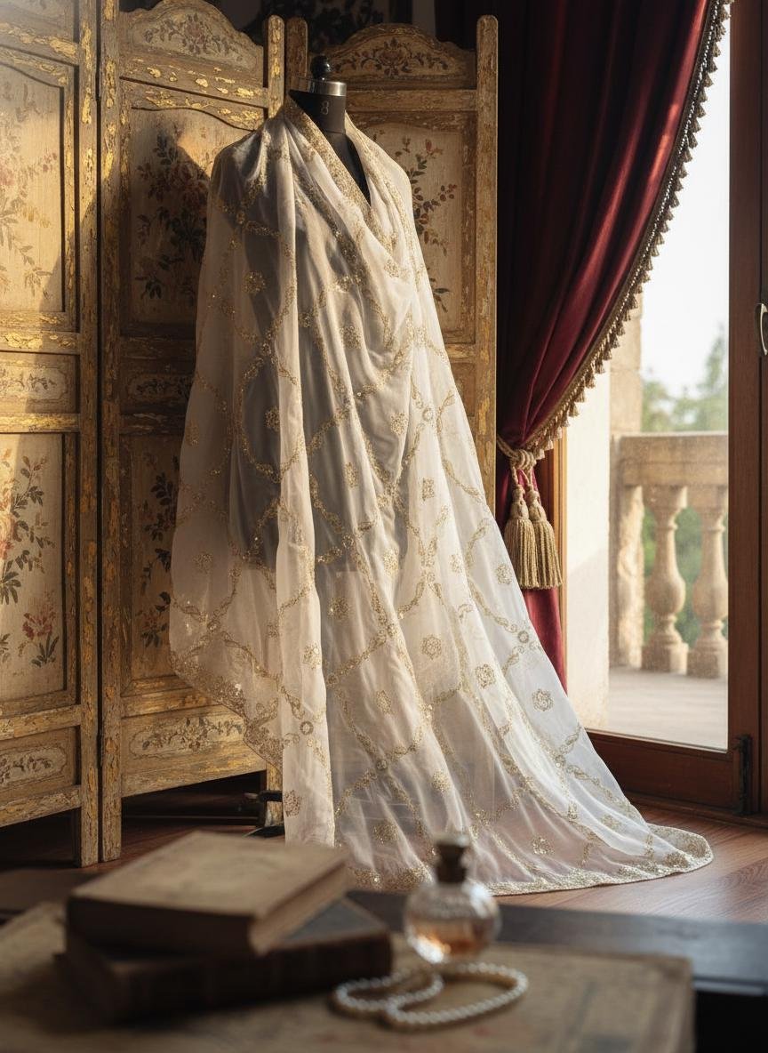 White Organza Embroidery Dupatta – Custom Made to Measure - Image 3