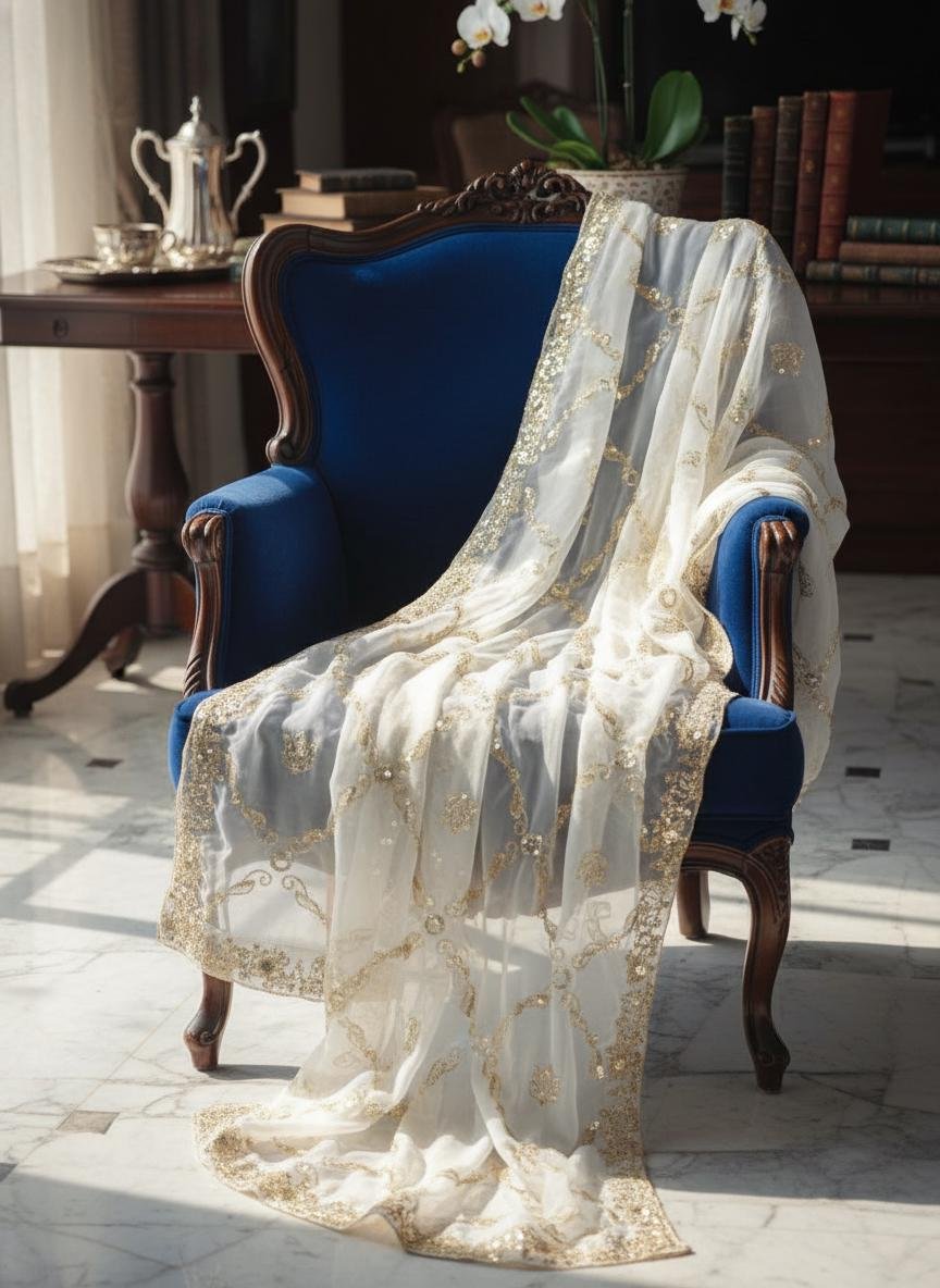 White Organza Embroidery Dupatta – Custom Made to Measure - Image 9
