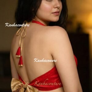 Red Raw Silk Halter Blouse with Bow for Festive Sarees