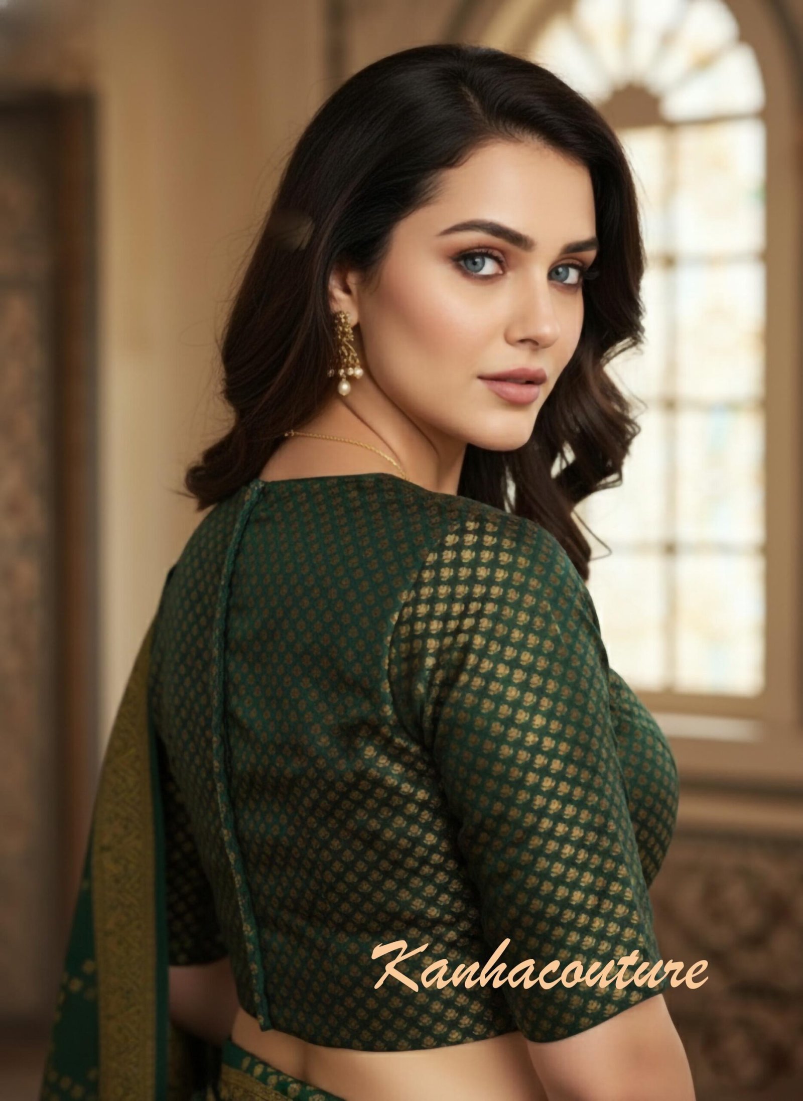 Luxurious Green Banarasi Brocade Blouse for Festive Sarees - Image 2