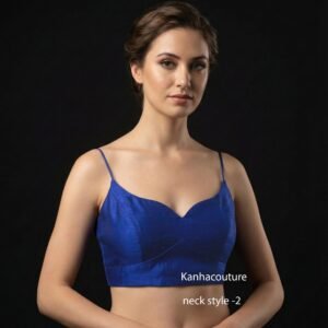 Custom Blue Raw Silk Sleeveless Saree Blouse with Deep Neck Tie Back