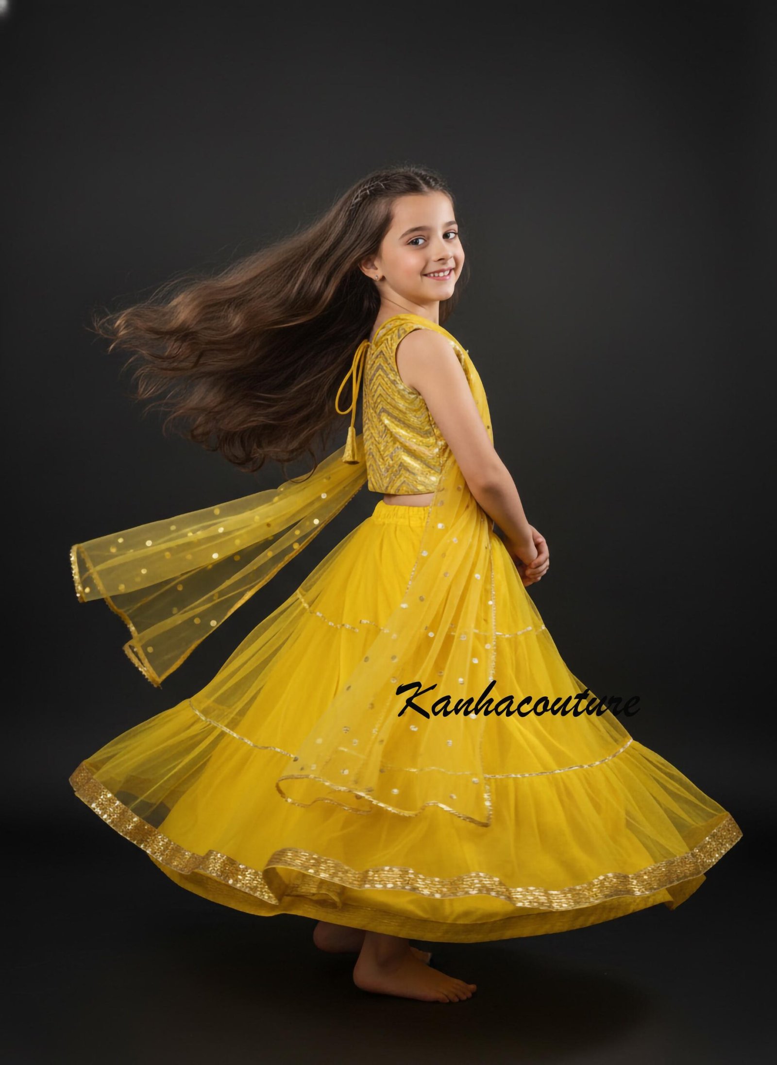 Yellow Net Sequin Kids Lehenga Choli – Custom Made to Measure - Image 3