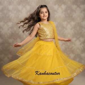 Yellow Net Sequin Kids Lehenga Choli – Custom Made to Measure