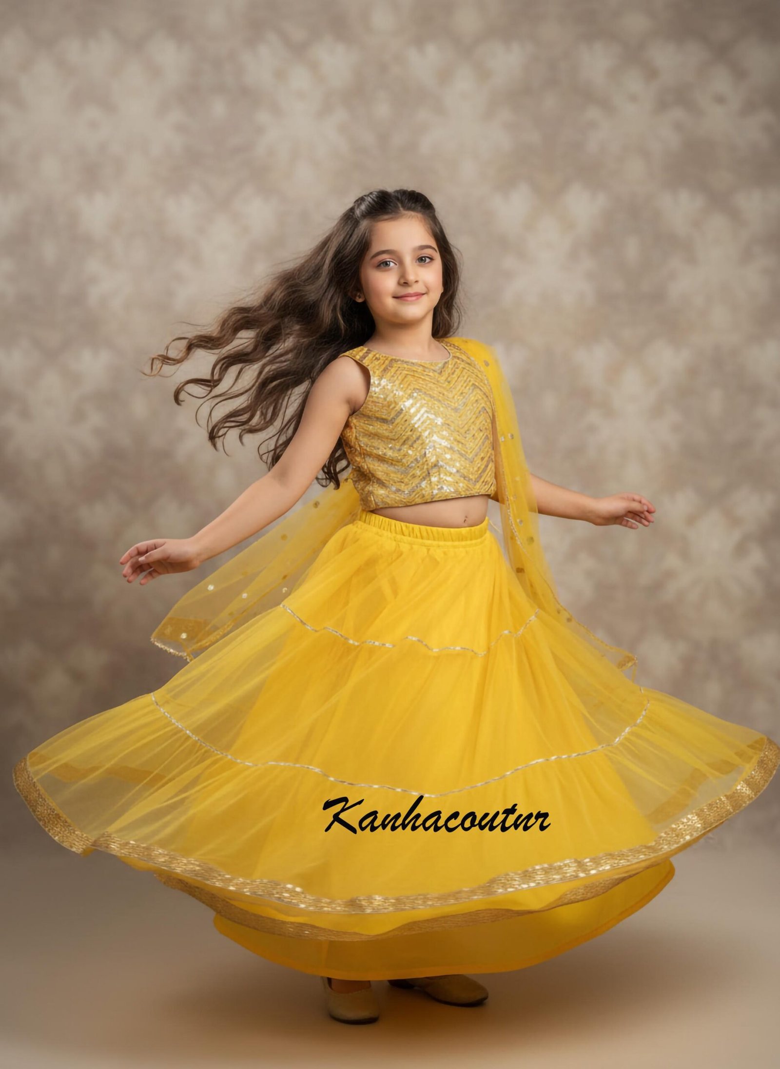 Yellow Net Sequin Kids Lehenga Choli – Custom Made to Measure