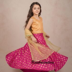 Pink Brocade Lehenga Choli with Gold Sequin Blouse & Net Dupatta