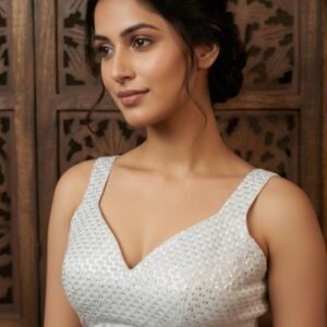 Elegant White Sequin Sleeveless Blouse with V Neck & Beaded Hem