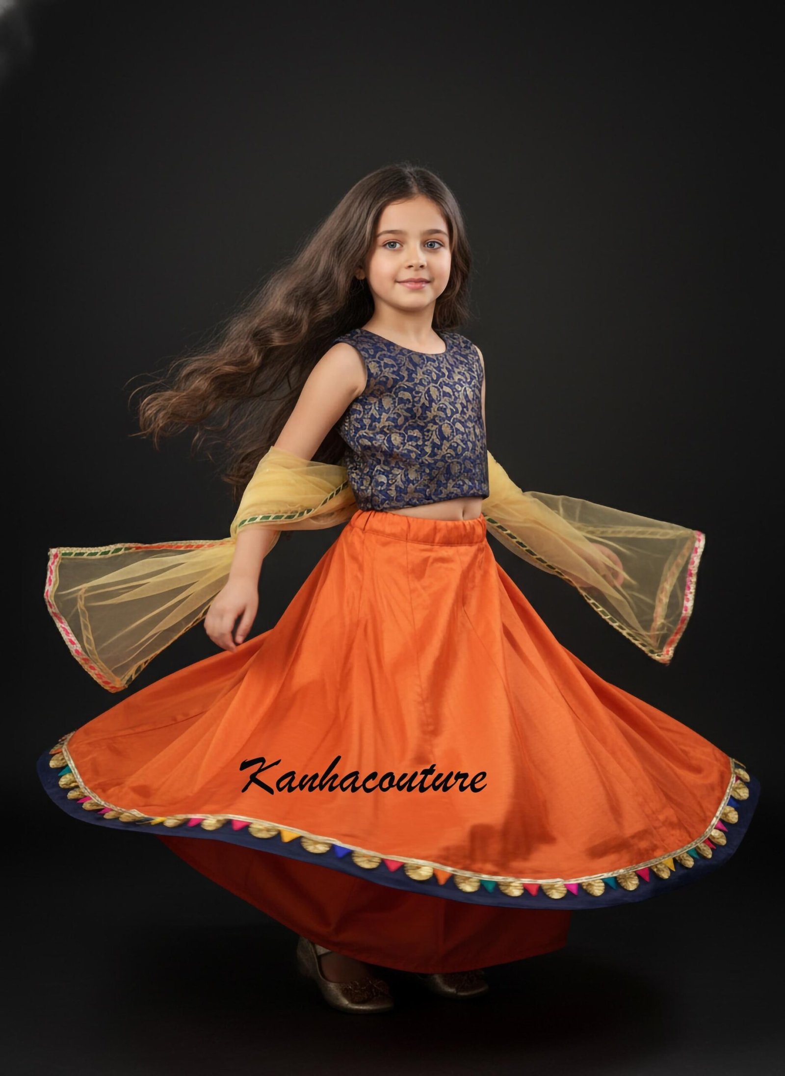 Toddler Orange Brocade Lehenga Choli: Elegant Indian Wedding Wear