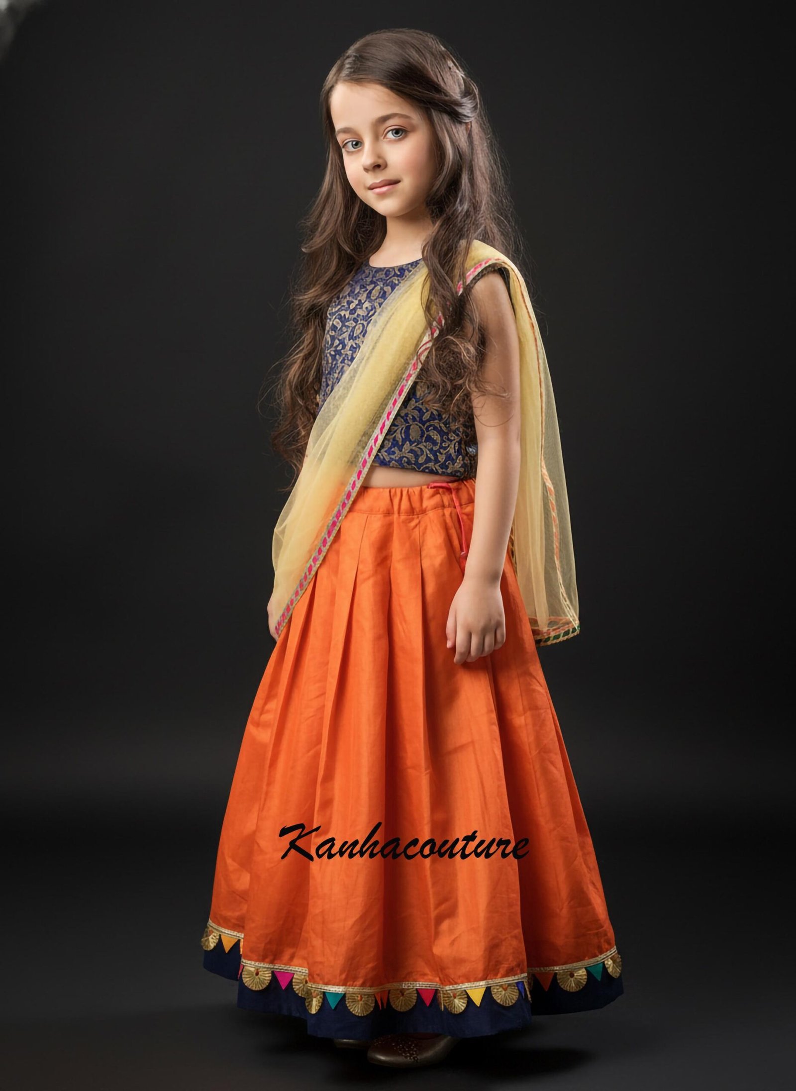 Toddler Orange Brocade Lehenga Choli: Elegant Indian Wedding Wear - Image 4