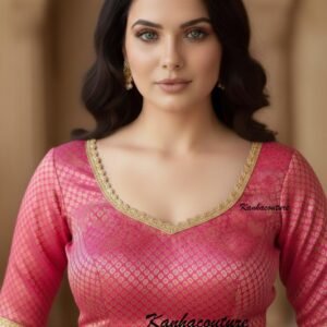 Pink Chanderi Brocade V Neck Blouse with Lace & Tassels