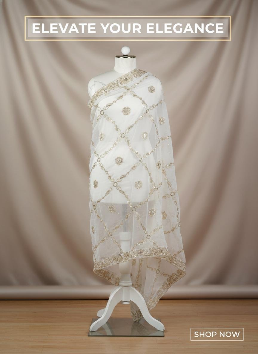 White Organza Embroidery Dupatta – Custom Made to Measure - Image 7