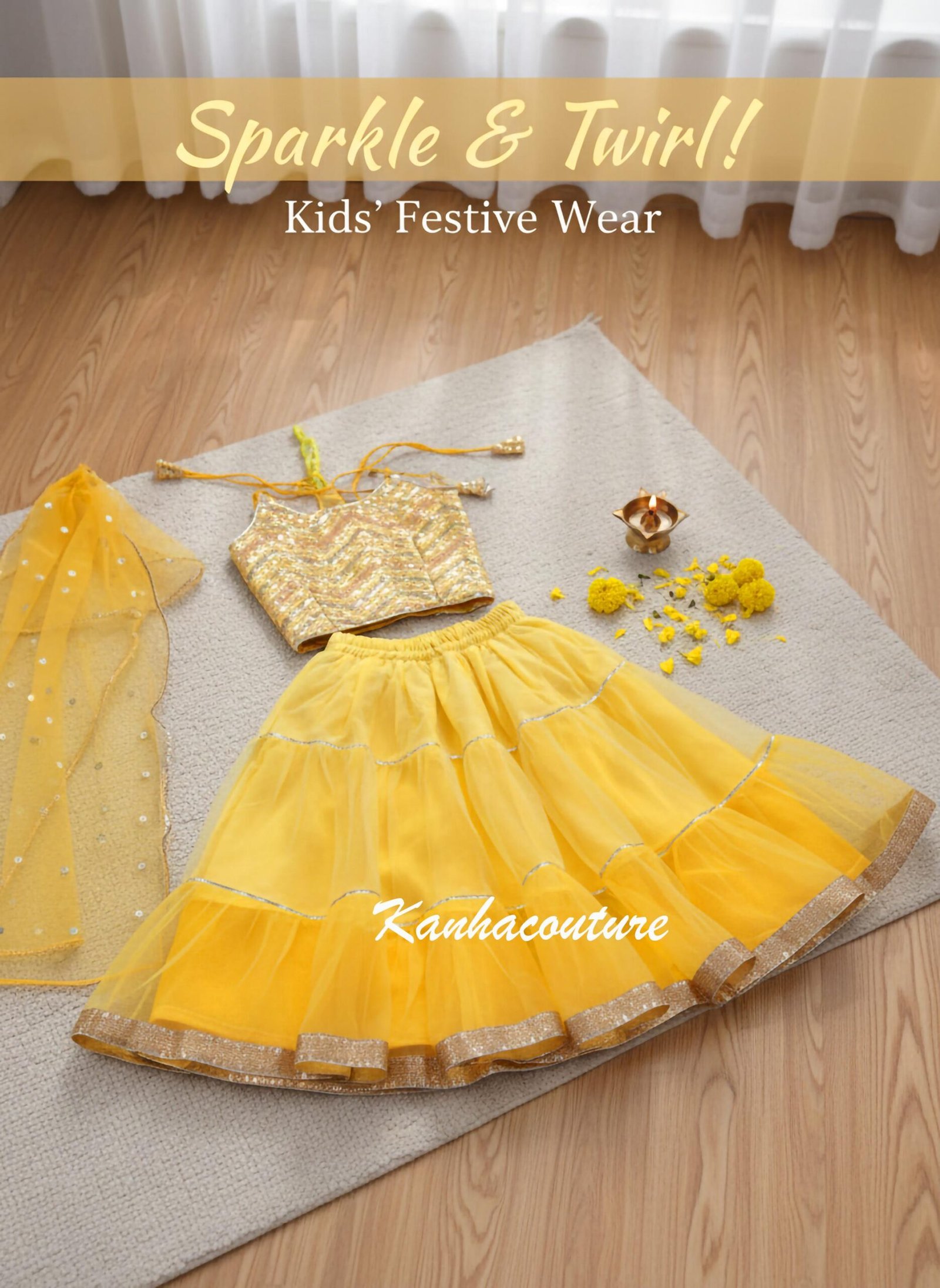 Yellow Net Sequin Kids Lehenga Choli – Custom Made to Measure - Image 7