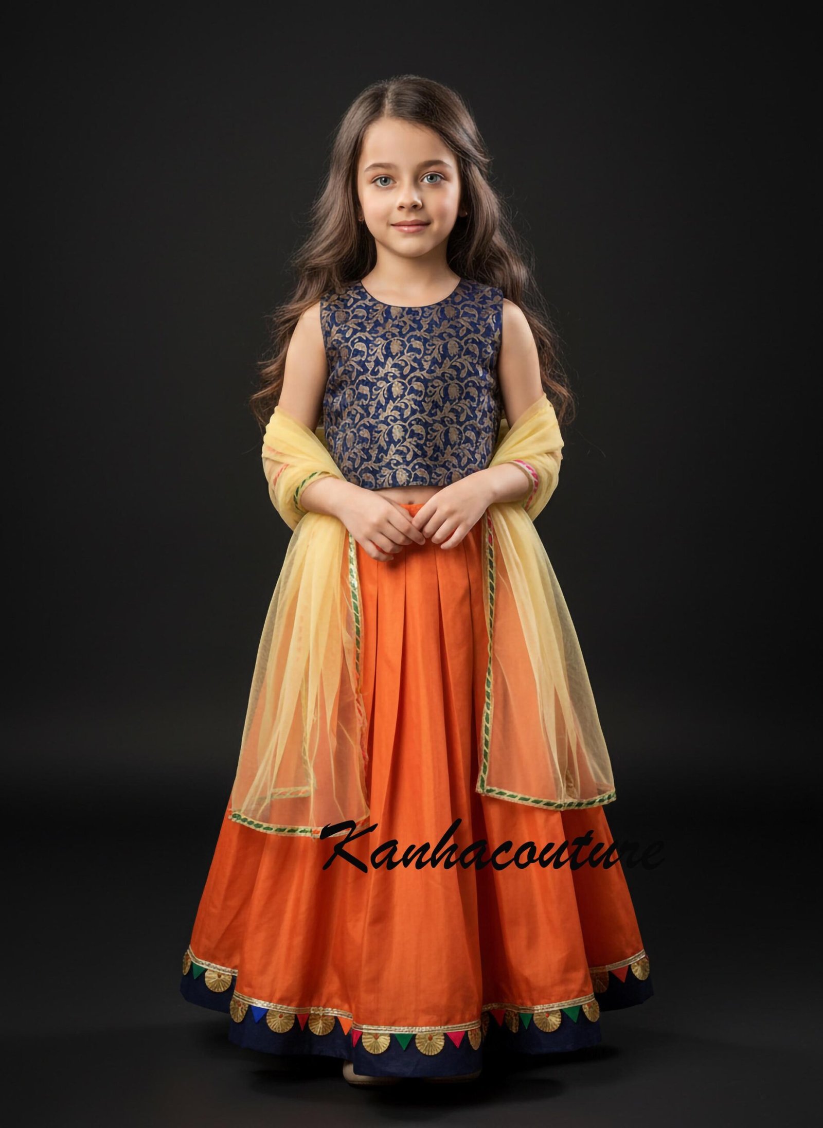 Toddler Orange Brocade Lehenga Choli: Elegant Indian Wedding Wear - Image 3