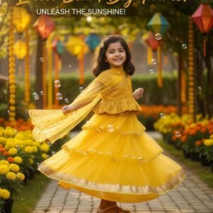 Yellow Tiered Lehenga Choli Set with Net Dupatta | Kids Festive Wear