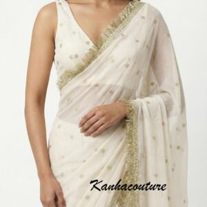 Chinon Silk White Saree with Gold Sequin Buti & Kinar Border