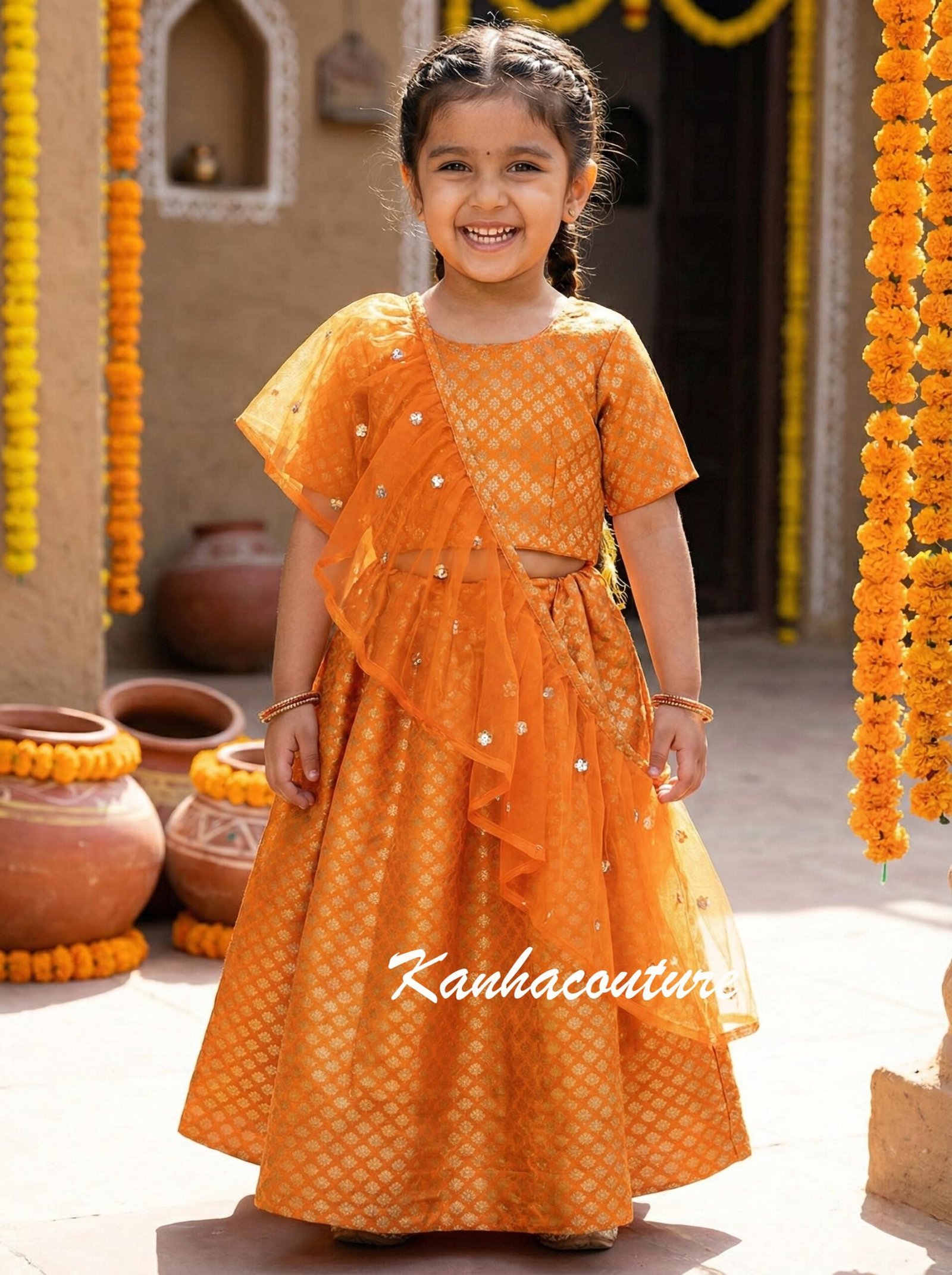 Orange Banarasi Kids Lehenga Choli – Custom Made to Measure - Image 6