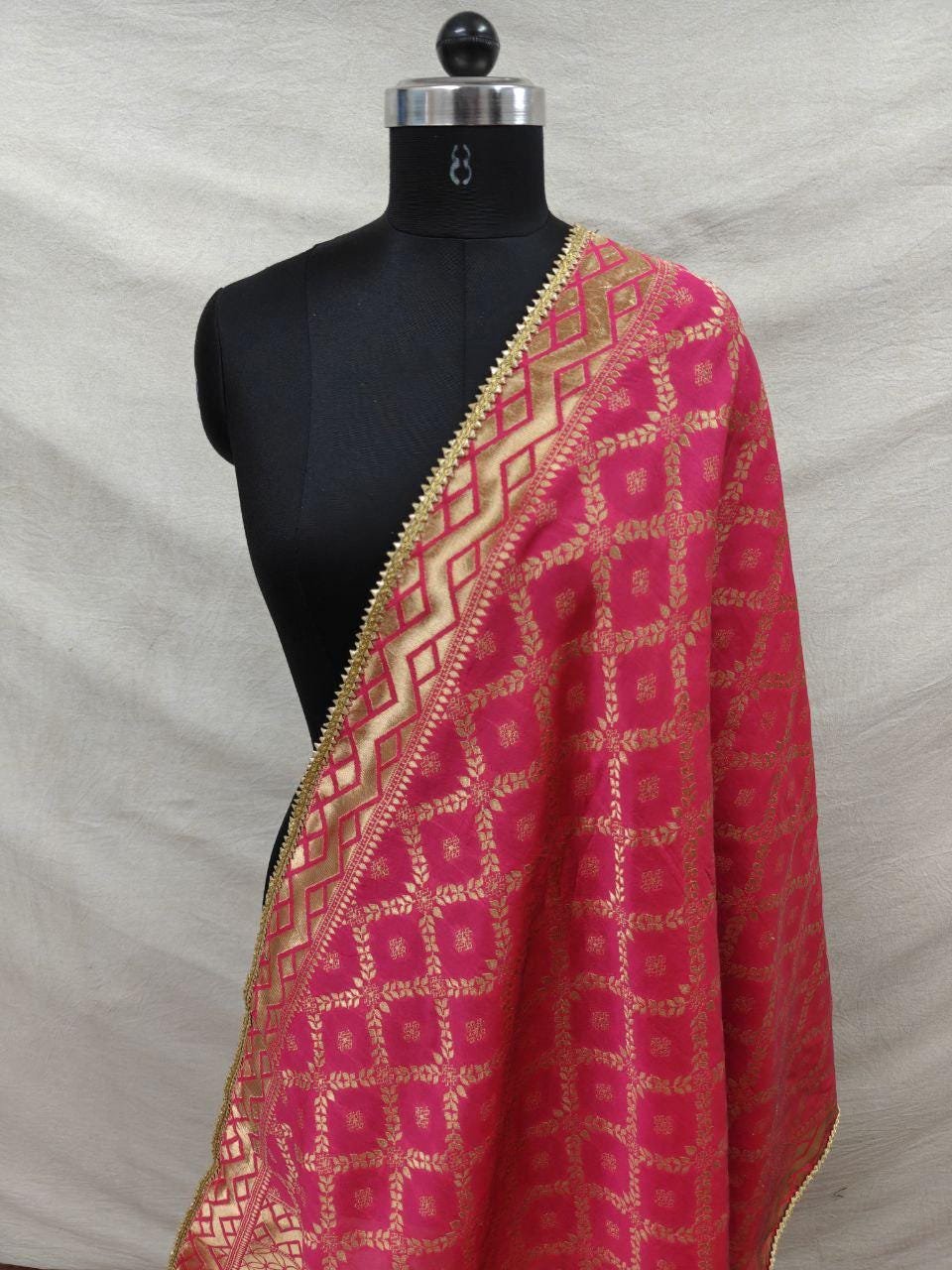 Rani Pink Banarasi Silk Dupatta with Gold Zari Border for Weddings - Image 2
