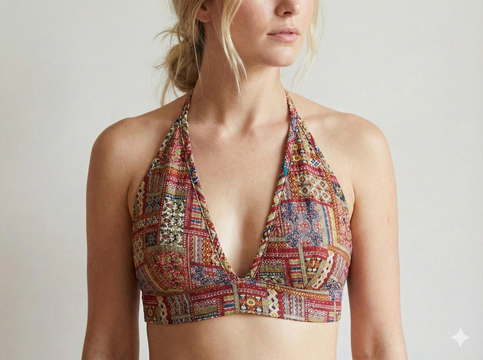 Boho Patchwork Halter Crop Top with Deep V Neck & Tie Back