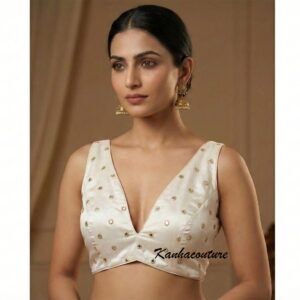Ivory Mirror Work Blouse with Deep V Neck & Dori Tie Back