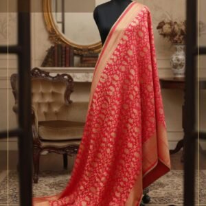 Peach Banarasi Silk Dupatta with Gold Zari Border - Bridal Shawl