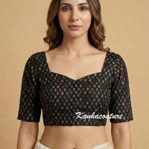 Black Chanderi Brocade Blouse with Multicolor Motifs & Sweetheart Neck