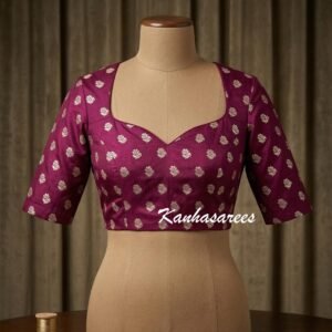 Wine Silk Saree with Gold Motif Sweetheart Neck Blouse